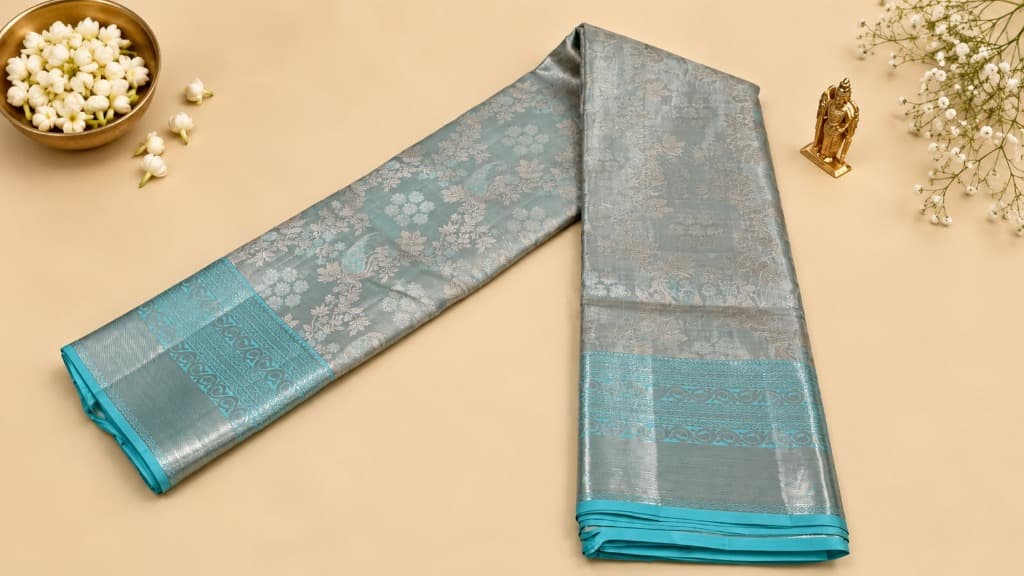 Silver Ice-Blue Self Jacquard Silk Drape