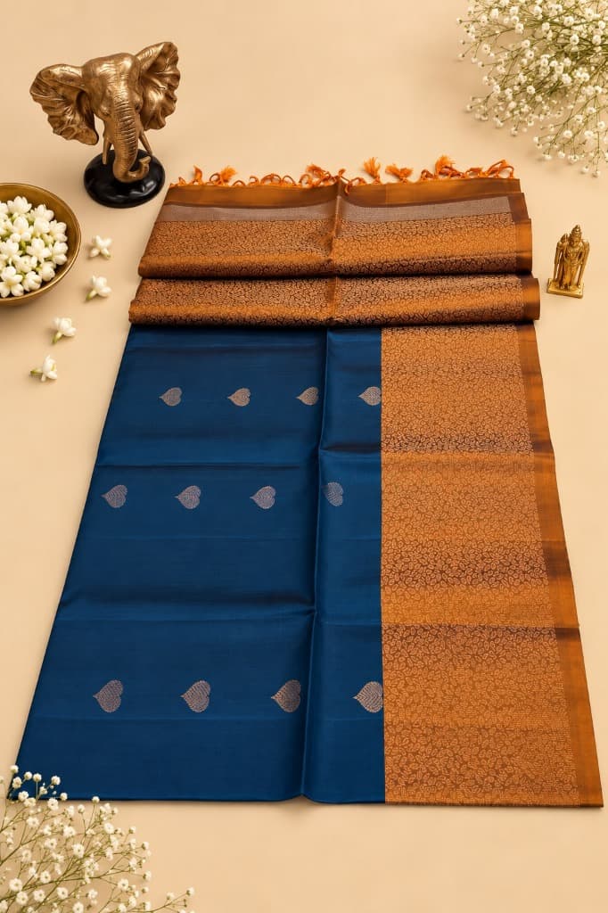 Midnight Peacock Blue Turning Border Soft Silk Saree