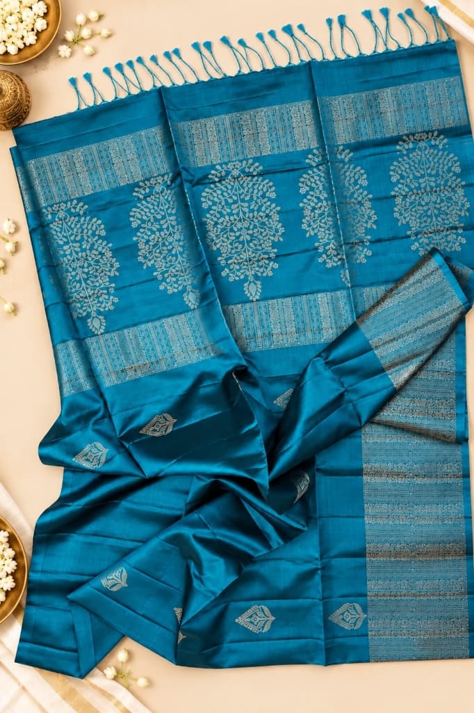 Peacock Teal Blue Kalpavriksha Soft Silk Saree