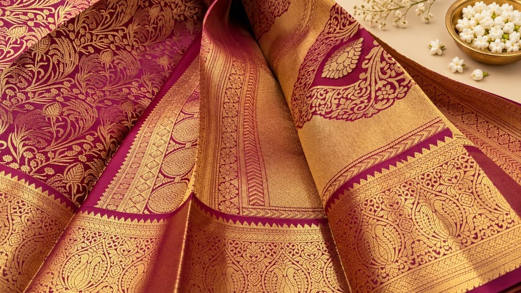 Auspicious Crimson Pure Silk Jangla Muhurtham Pattu