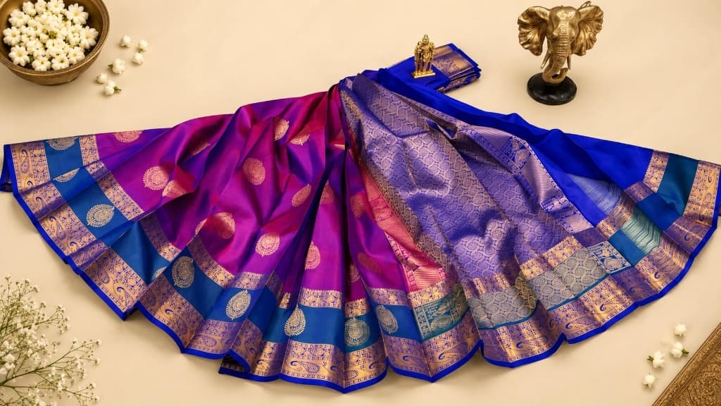Rani Pink & Peacock Royal Blue Pure Silk Butta Saree